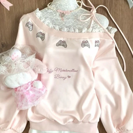 Japanese Kawaii Pink Sweatshirt Women Off Shoulder Lace Bow Long Sleeve Top Sweet Girl Design Fashion Soft Cute Casual Pullover