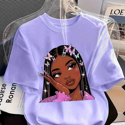 Girls' Summer Crew-Neck Short-Sleeved Top New Black Girls Cute Top Girls Clothes Cartoon Print T-Shirt Top Children's Clothing