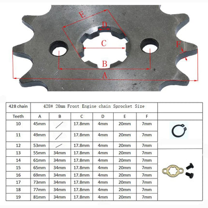 Front Engine 428# 10T 11T 12T 13T 14T 15T 16T 17T 18T 19T Teeth 17mm 20mm Chain Sprocket With Retainer Plate Locker