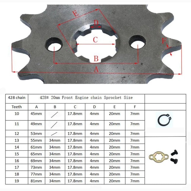 Front Engine 428# 10T 11T 12T 13T 14T 15T 16T 17T 18T 19T Teeth 17mm 20mm Chain Sprocket With Retainer Plate Locker