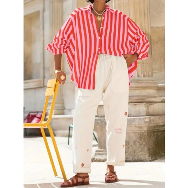 Plus Size 1XL-5XL Summer Women Turn-down Collar Shirt Vertical Striped Long Sleeve Lady Casual Blouse Top