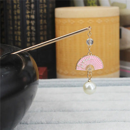 Chinese Japanese Metal Hair Sticks With Tassels Exquisite Imitation Pearl Alloy Fan Pendant Hair Pins Clips Bun Maker Gifts
