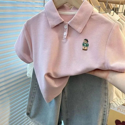Unisex Children's Summer Polo Shirt Short Sleeve Loose Fit Collared T-Shirt Cartoon Print Versatile Kids' Fashion Basic Tee