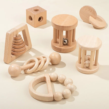 Montessori Wooden Toys Colorful Baby Rattle Set Safe Food Grade Wood Rattle Soother Bracelet  Set Toddler Toy Bell Gift