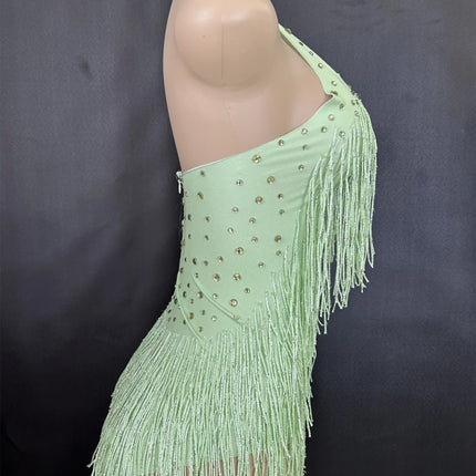 Sparkly Rhinestones Fringe Bodysuit Women Nightclub Party Dance Costume Stage Wear Sexy Tassel Leotard Performance Clothing 7G