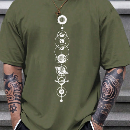 Men's Summer 100% Cotton Fashionable Casual Loose-fit Round Neck Space Planet Pattern Short-Sleeved T-Shirt Top