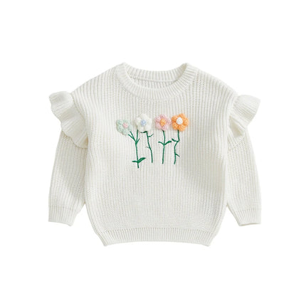 Kids Baby Girl Clothes Children Fall Winter Sweaters Long Sleeve Round Neck 3D Flower Knit Pullover Tops Toddler Chunky Knitwear