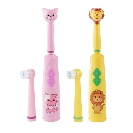 Kids electric toothbrush, battery powered, baby spotted dog design, with dust cover, cartoon cat/lion, round head.