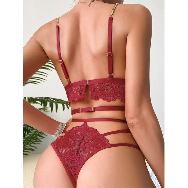 Sexy New Woman Lingerie Burgundy Garter Belt Underwear With Leg Rings Female Intimates Erotic 3 Piece Sets Lace Bra Panties