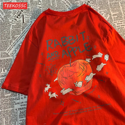 Rabbits Running Around Apples Print Men's Tees Cartoon Breathable T-Shirts Popular Comfort T-Shirt Retro Round Neck Short Sleeved
