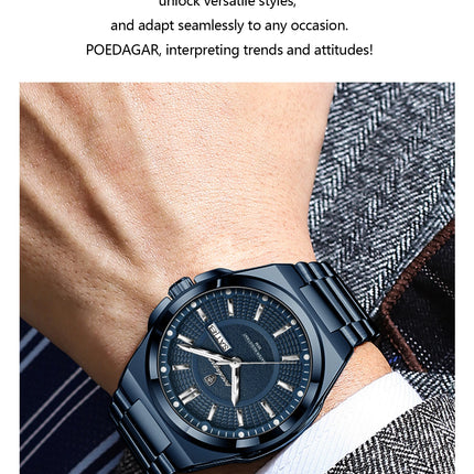POEDAGAR Top Business Men Wristwatch Stainless Steel Waterproof Luminous Casual Man Watch Date Week Stylish Men's Quartz Watches