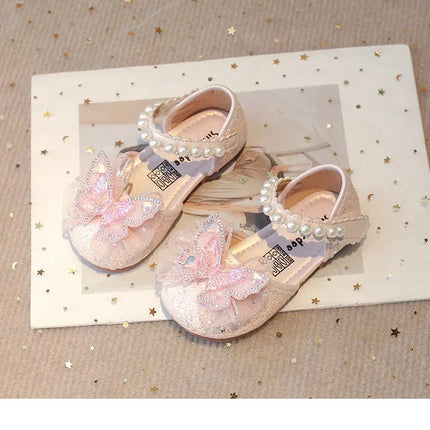 Chic Girls Dress Shoes for Wedding Party Bling Sequins with Rhinestone Butterfly Sweet Princess Chic Kids Flat Shoes Lace Beaded