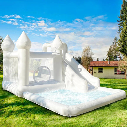14FT  Spire‑Top Inflatable White bounce house with Slide, Large Ball Pit and Middle Play Zone, Durable and Portable for party