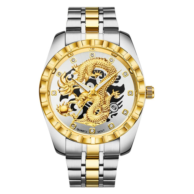 WLISTH Mens Watch 3D Golden Dragon Original Quartz Watch for Man Dragon Dial Waterproof Luminous Date Stainless Steel Watches