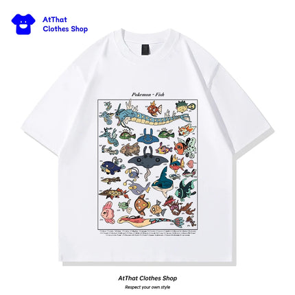 pokemon Fish Guide clothing, Japanese-style retro pure cotton loose summer short-sleeved T-shirt