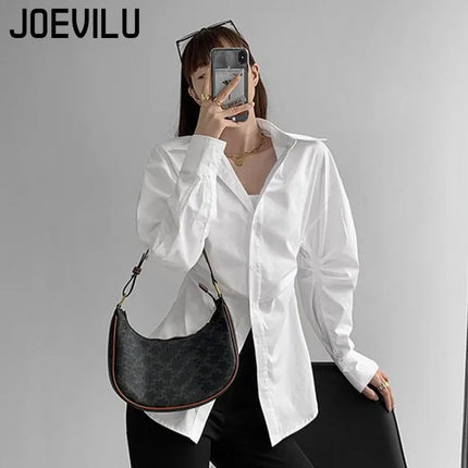JOEVILU White Shirt Women’s Waist-defining Blouse Slim Fit Long Sleeve Tops Figure-hugging Office Shirts Korean Style Clothes