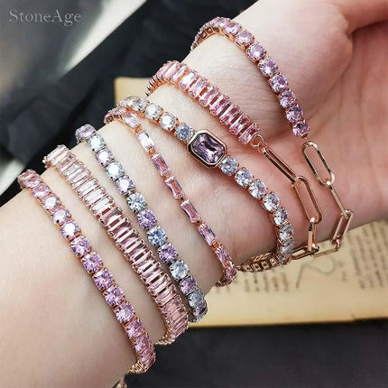Pink Crystal Tennis Bracelets for Women Female Trend Romantic Shiny Zirconia Adjustable Folding Buckle Chain on Hand Jewelry