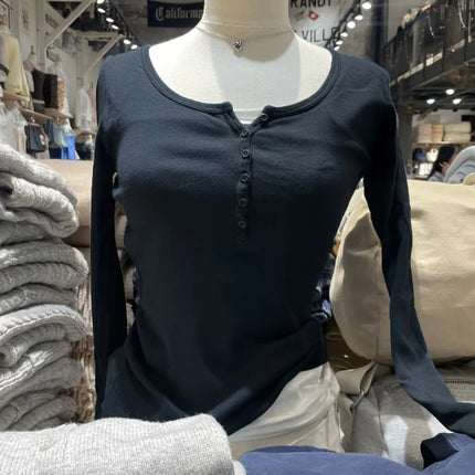 Six Buttons Ribbed Long Sleeve T-shirts Women Spring Round Neck Cotton Slim Tee Top Female Sweet Cute Pink Tshirt Y2k Tops New