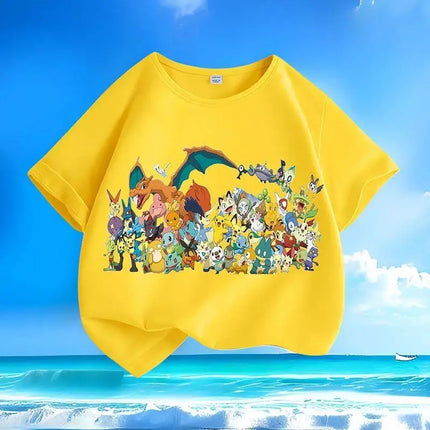 New Pokemon Pikachu Summer Cartoon Short-sleeved T-shirts for Men, Women, Adults and Children, Pure Cotton Round-neck Loose Top