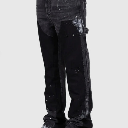 2025 Men's Fashion Jeans Work Pants, European and American Fashion Workwear Elastic Patchwork Denim Layered Flared Pants S-XXL
