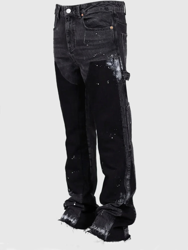 2025 Men's Fashion Jeans Work Pants, European and American Fashion Workwear Elastic Patchwork Denim Layered Flared Pants S-XXL