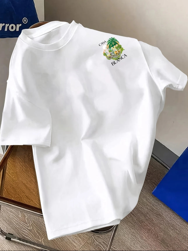 Men's Casa Blanca Tropical Street Print T-shirt Oversized 100% Polyester Streetwear Short Sleeve Tops S-XXL