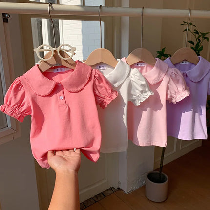Solid Button Polo Shirt For Girls Cute Children Clothes Casual Short Sleeve T-shirt