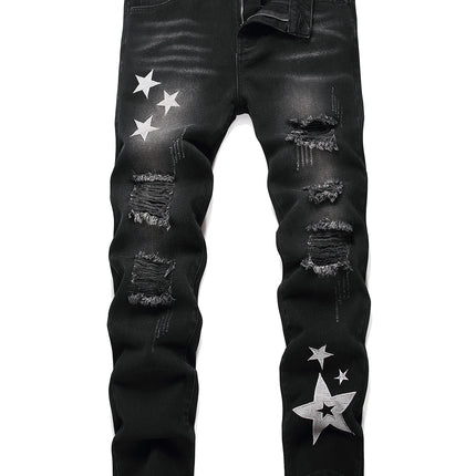 Black Y2K Jeans Mid Rise Straight Leg Man Pants with Silver Star Design Distressed Ripped Denim Clothing Hip Hop Male Streetwear
