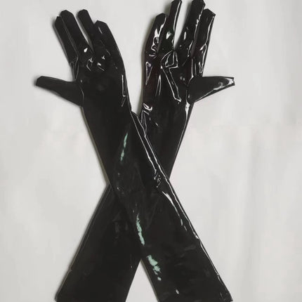 New Women Shiny Faux Leather unisex Black Long Gloves Men Latex Fetish Patent Leather Full Fingers Elbow Glove Cosplay Accessory