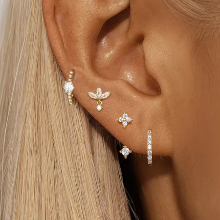 4PCS Zircon Heart Moon Flower Small Hoop Earrings Set For Women Stainless Steel Huggies Pendant Piercing Earrings Jewelry Aretes