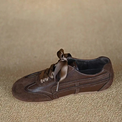 Suede Retro Lace Up Casual Flat Shoes Women Comfort Shallow Autumn Footwear Female Brown Genuine Leather Ballet Sneakers Women