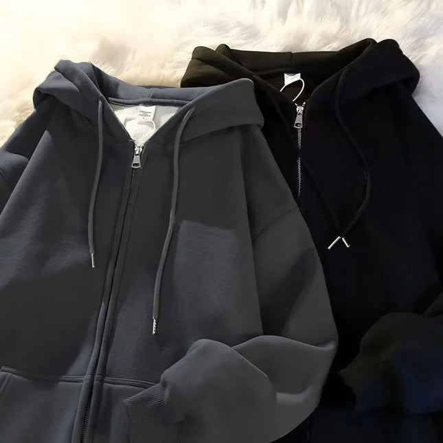 Women's Oversize Hoodie Jacket Thickened Cotton Polyester Zipper Cardigan Fleece Outerwear Lazy Style Solid Color Coat