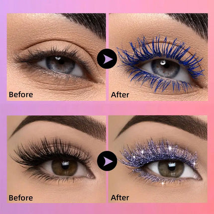 QIBEST Double-Ended Diamond Glitter Mascara Lasting Colored Mascara Eyelashes Pink Blue Green Red Voluminous Mascara Rimel