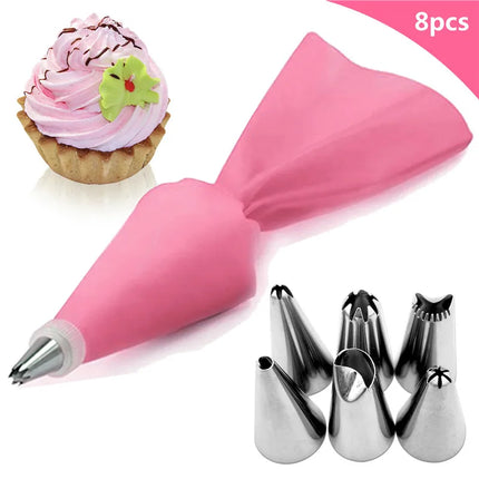 8PCS/bag Silicone Icing Piping Cream Pastry Bag + 6 Stainless Steel Cake Nozzle DIY  Decorating Tips Fondant  Tools