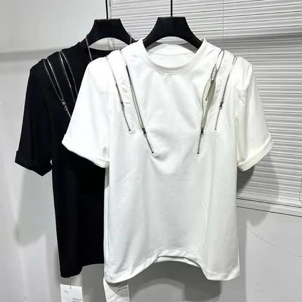Summer New Techwear Mens Personalized Multi Zip Up Design Casual T-shirt Y2K Fashion Men Short Sleeve Black T Shirts Male Tops