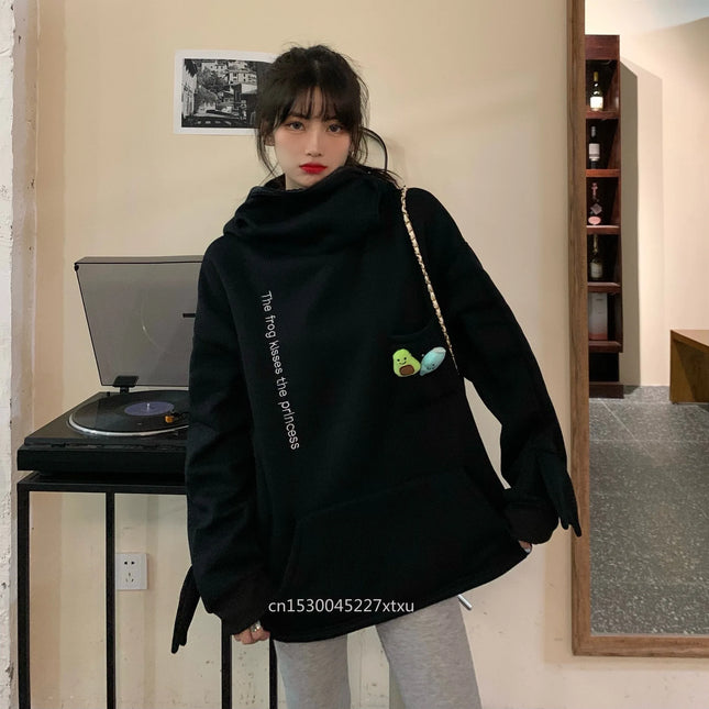 Unisex Frog Zipper Hoodie Fleece Lined Springtime Embroidery oversized Sweatshirt Harajuku Warm Pullover Korean Style Dropship