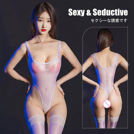Hot Sexy Sleeveless Open Crotch Bodysuit Women Oil Shiny Sheer Jumpsuit High Cut Thong Leotard Transparent Swimwear Tight Bikini