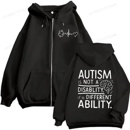 Autism Awareness Hoodie for Men Women, It's Not A Disability It's A Different Ability Zip Up Hoodies, Zipper Tracksuit Jackets