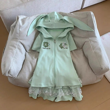 Y2k Japanese Short SLeeve Hoodie Harajuku Women Sweet Patchwork Rabbit Ears Top Casual Subculture Zipper Kawaii Spring Summer