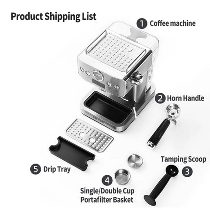 20Bar Semi-Automatic Espresso Machine,Stainless Steel Casing,Professional Spouted Portafilter,Equipped with a pressure gauge