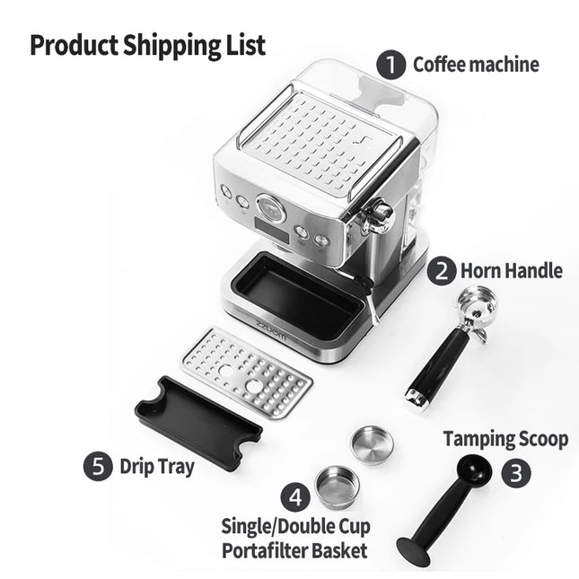 20-Bar Semi-Automatic Espresso Machine, Stainless Steel Casing, Professional Spouted Portafilter, Equipped with a pressure gauge