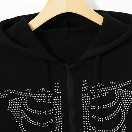 BIG PROMOTION Europe Y2k rhinestone skeleton pattern zipper thermal hoodie electronic traf sweatshirt Stitch for men and women