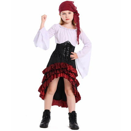 Kid Pirate Retro Cosplay Irregular Ruffled Skirt Girl High Waist Dress Children Halloween Carnival Party Performance Costume Set