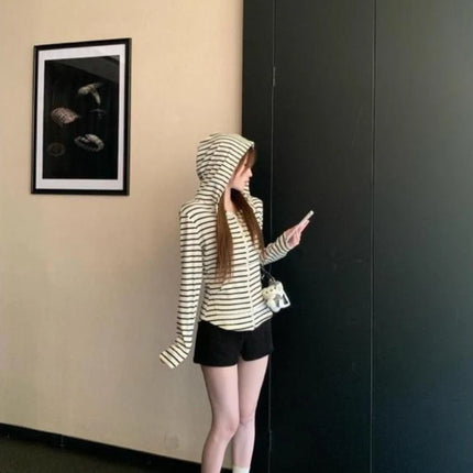 2000S American Vintage Striped Long Sleeve Hooded Sweatshirt Y2k Subculture Casual Zip Up Hooded Cardigan Harajuku Coats Chic