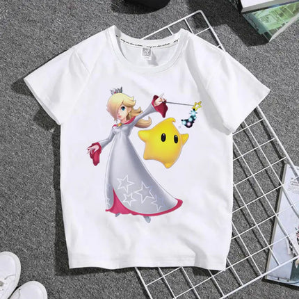 The New 2026 Super Mario Mary Cartoon Parent-child Outfit Male and Female Students Summer White T-shirt with Short Sleeves