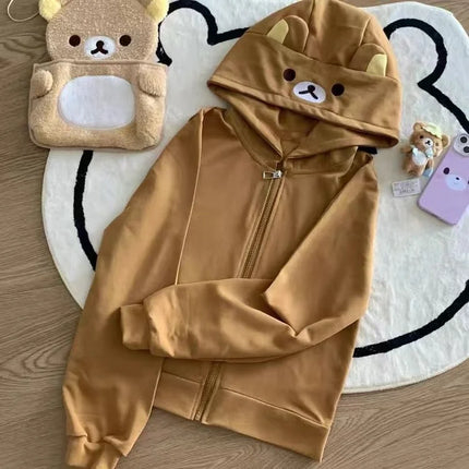 Cute Bear Ear Hooded Jacket Y2K Japanese Style Long Sleeve Zipper Casual Second Hand Women's T-shirt Spring Autumn Winter