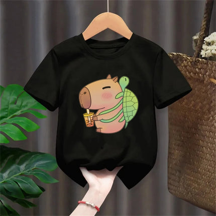 Funny T-Shirt Capybara With Turtle Loves Bubble Milk Tea Printed T-Shirt Girls/Boys Kawaii Kids Clothes Harajuku Shirt Tops