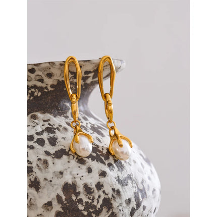 Yhpup Popular Stainless Steel Simulated Pearls Drop Long Hanging Earrings Water Resistant Elegant Chic Charm Daily Jewelry