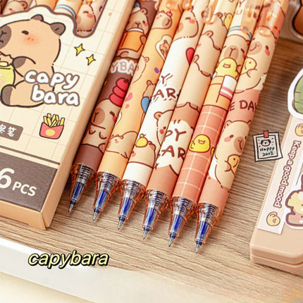 Capybara Erasable Pens 6pcs Refillable Ink Gel Pen Smudge-Free Cute Animal School Supplies for Students Office Stationery Gifts