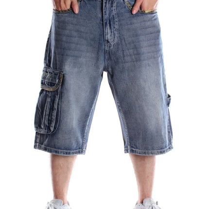 Multi pocket European and American skateboarding pants with fat and plus size hip-hop denim shorts for men, trendy cropped pants